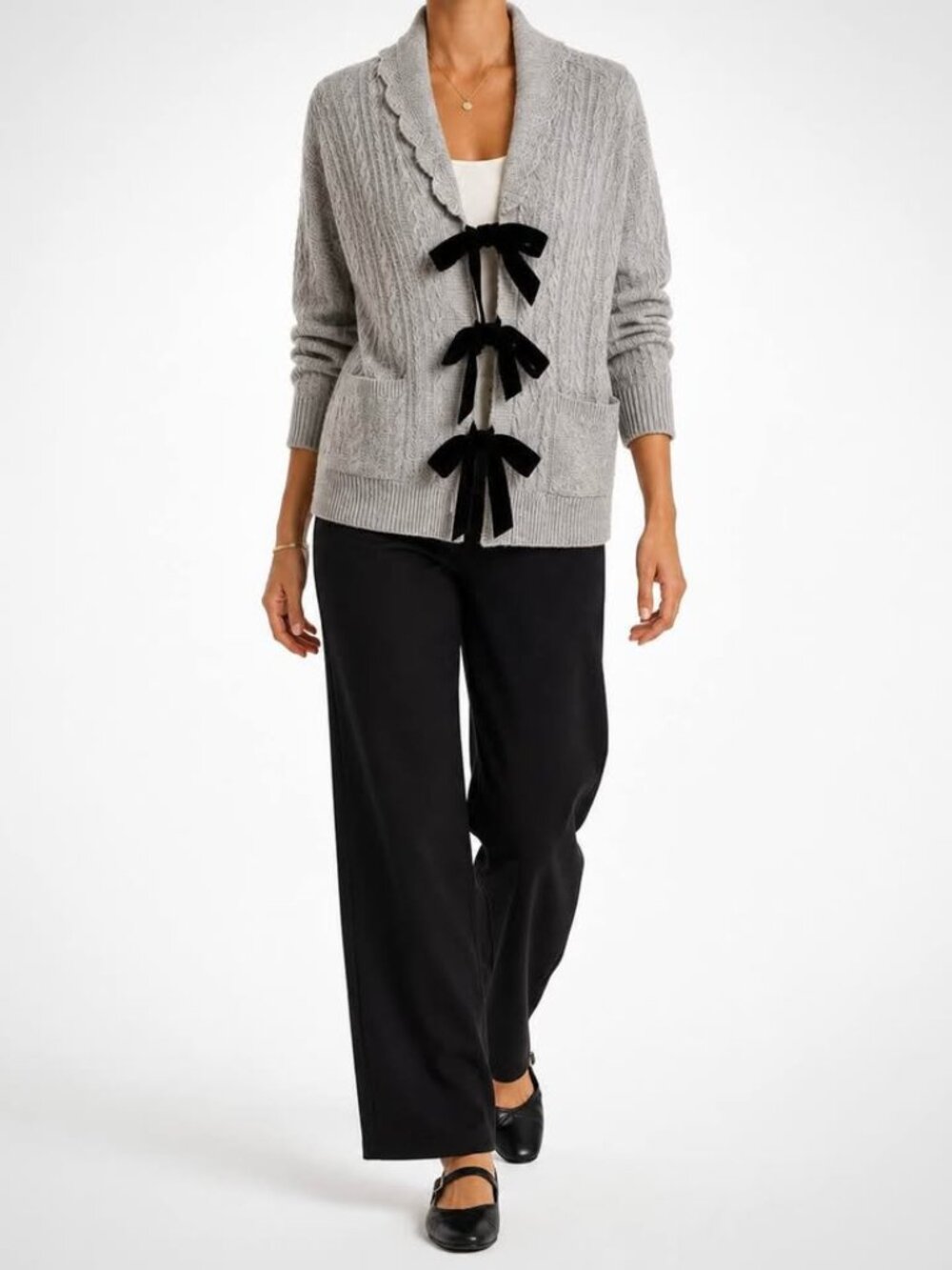 Joie Relaxed Cable Knit Gray Cardigan Sweater | Black Velvet Bow Tie [size M]